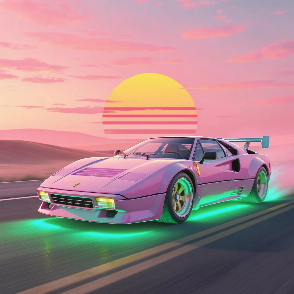 Retro Futurism Pastel Rush style - vibrant pink sports car with neon underglow against a pastel sunset, evoking nostalgia and speed.