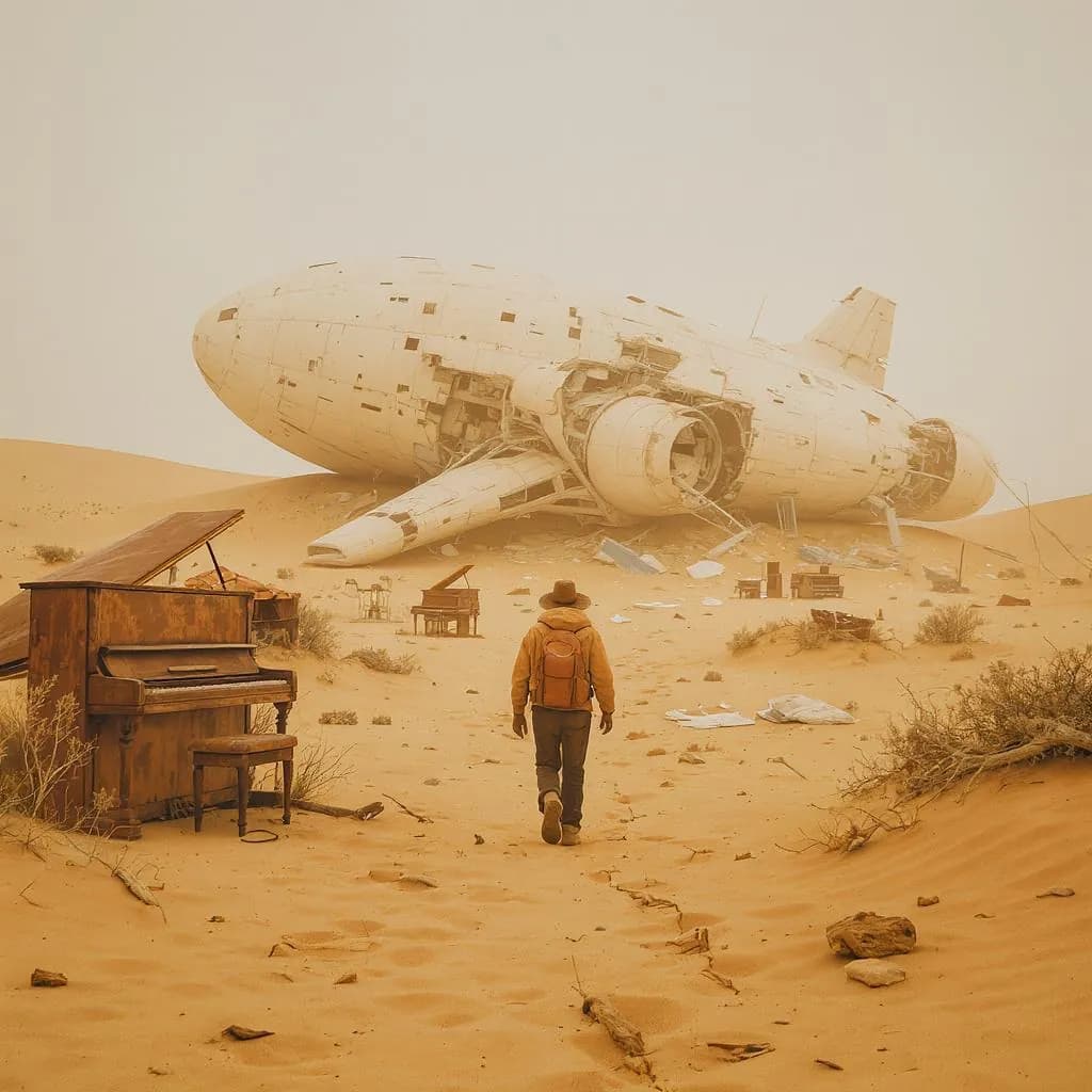 Retro-Futurist Whimsy style - surreal landscape of a crashed spaceship in a sandy desert, muted colors and dreamlike haze evoke nostalgia.