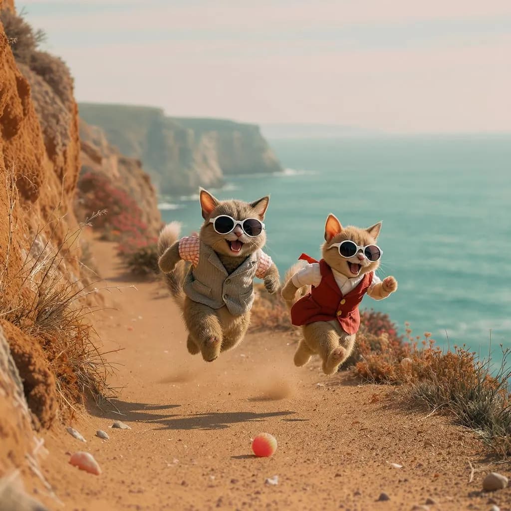 Retro-Futurist Whimsy style - playful scene of anthropomorphic cats in stylish outfits, joyfully running along a coastal path.
