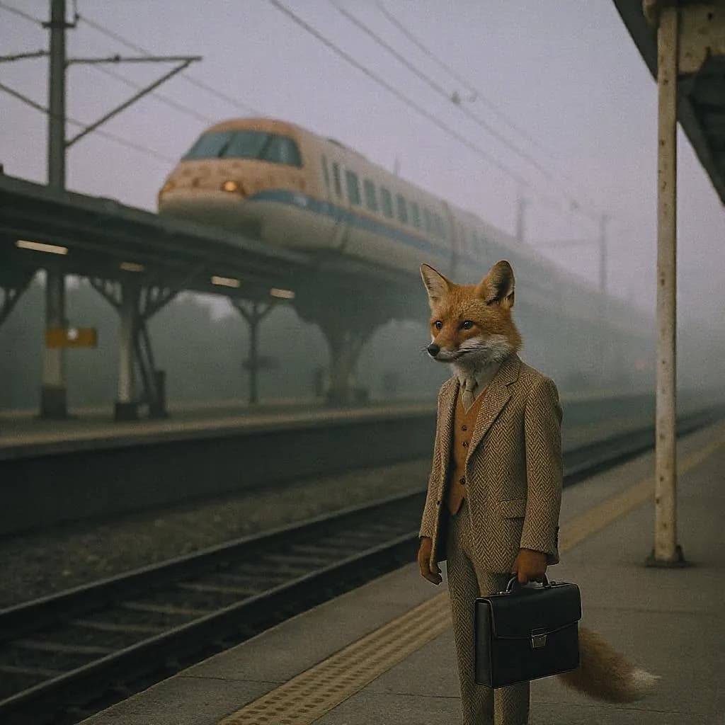 Retro-Futurist Whimsy style - surreal blend of anthropomorphic fox in a suit at a foggy train station, evoking curiosity and nostalgia.