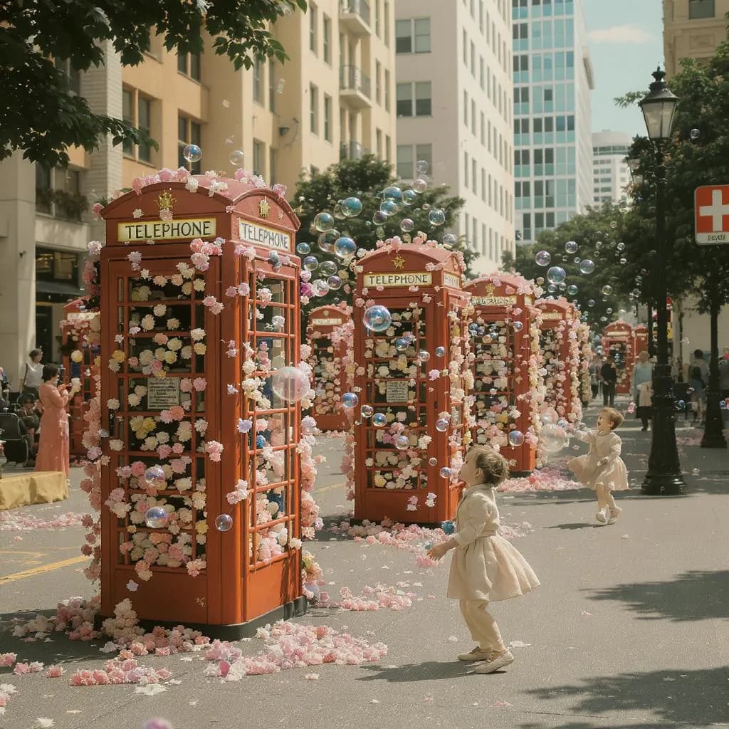 Retro-Futurist Whimsy style - playful street scene with vibrant phone booths adorned with flowers and floating bubbles, creating a dreamy atmosphere.
