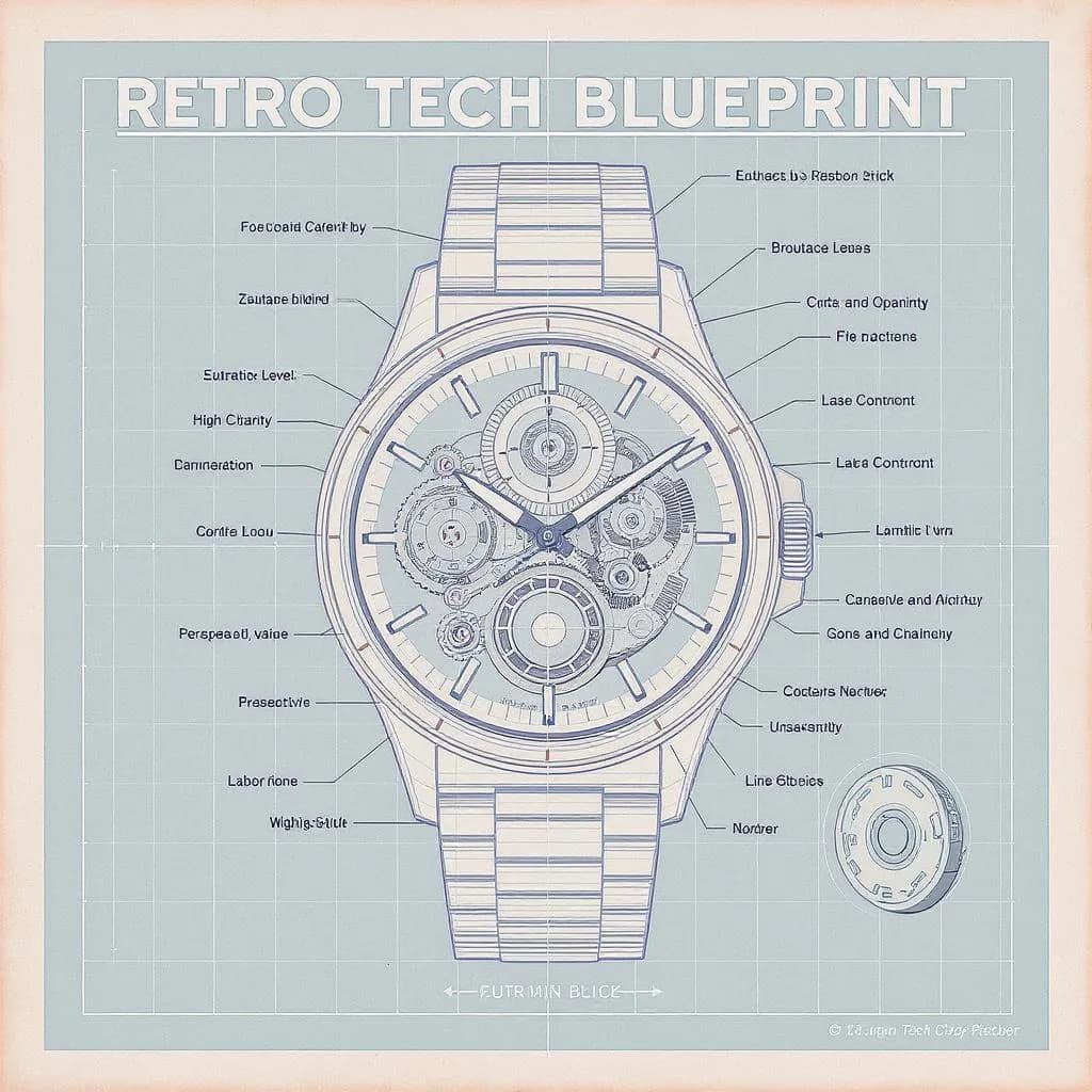 Retro Tech Blueprint style - detailed technical drawing of a watch with labeled components on a soft blue background.