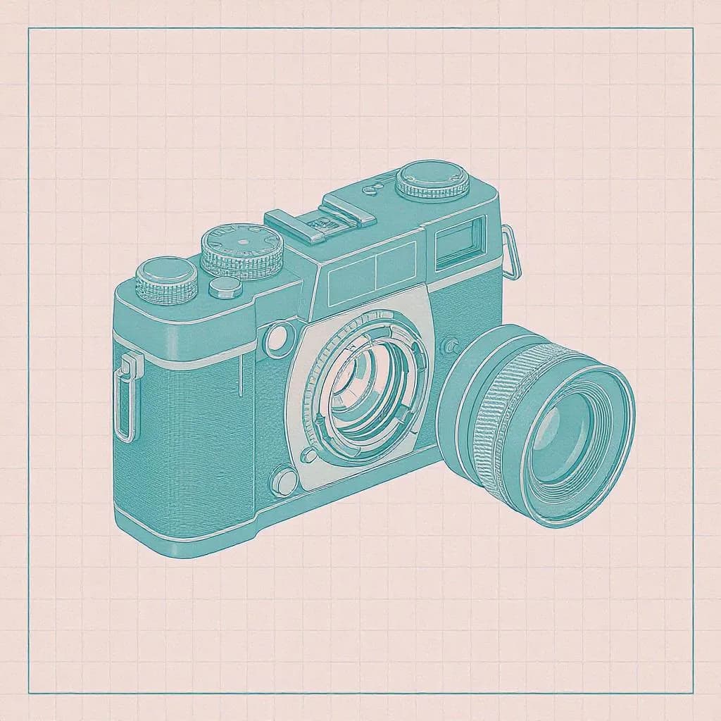 Retro Tech Blueprint style - detailed line drawing of a vintage camera in soft teal against a grid background, evoking nostalgia.