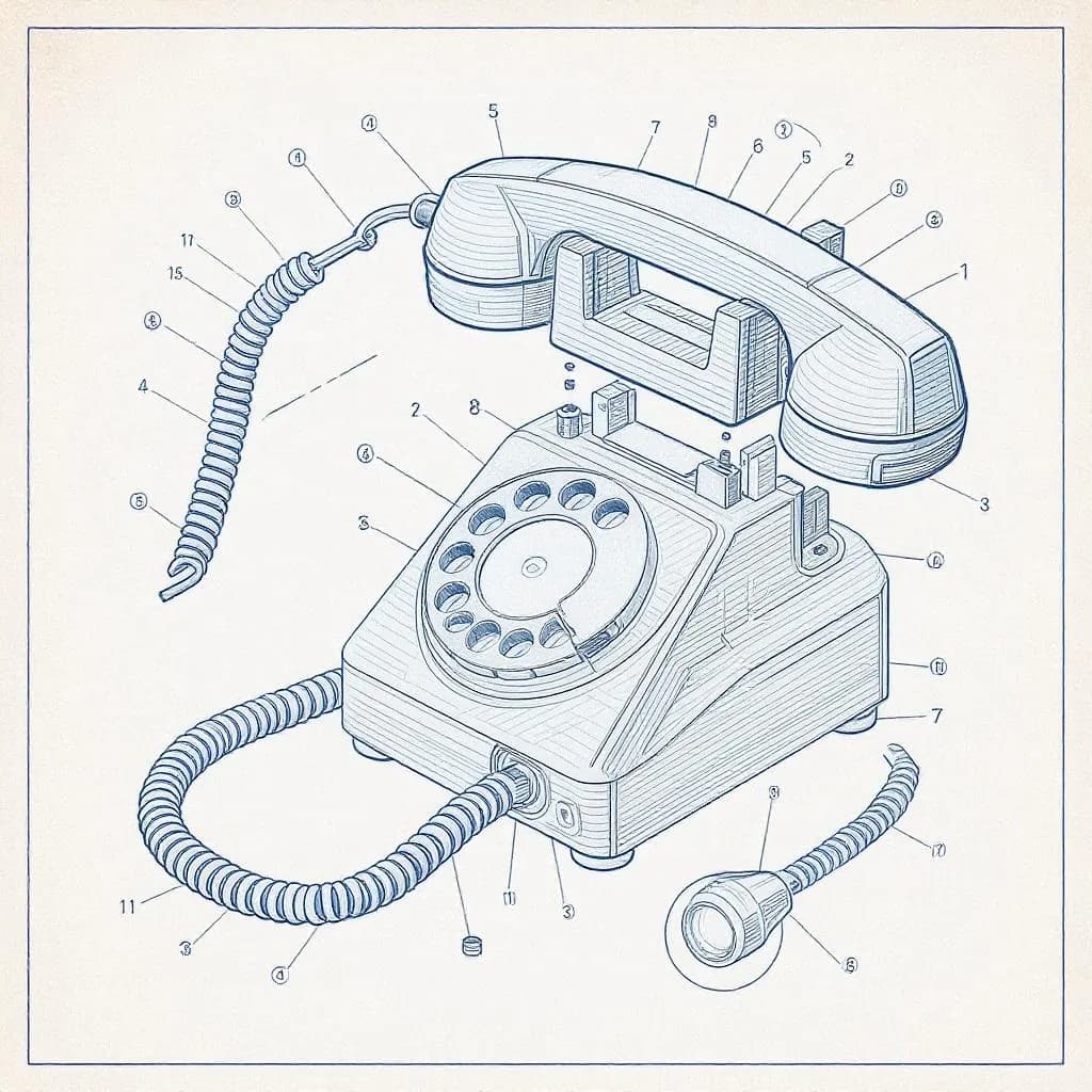 Retro Tech Blueprint style - detailed line drawing of a vintage telephone with labeled components on a light background.