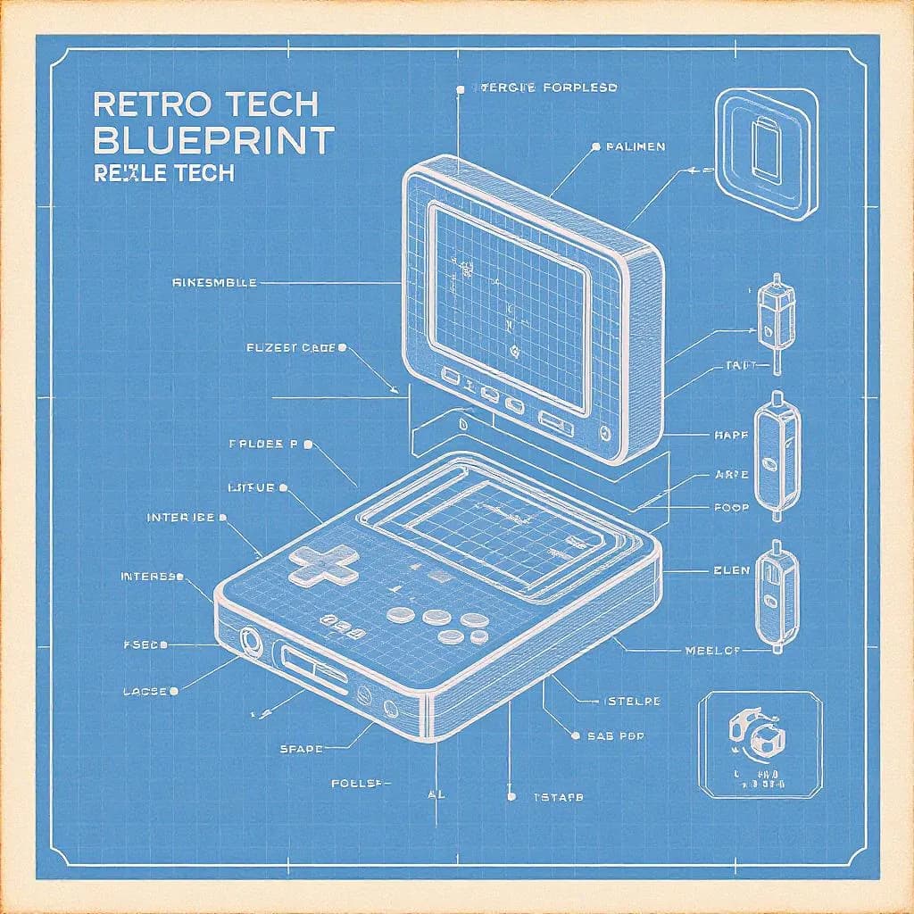 Retro Tech Blueprint style - detailed blueprint of a handheld gaming device, featuring precise lines and a blue background.