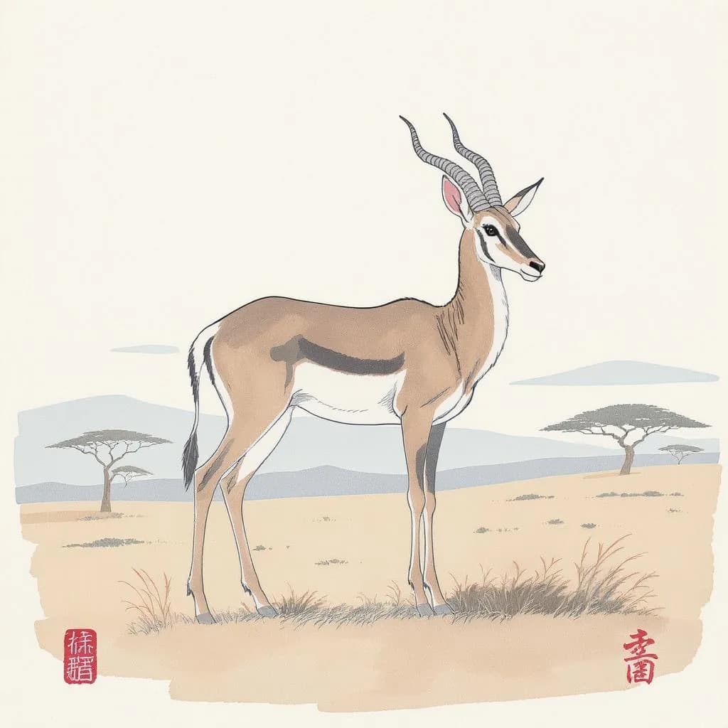Scholarly Margin style - delicate ink wash depicting an antelope in a serene landscape, emphasizing soft colors and graceful lines.