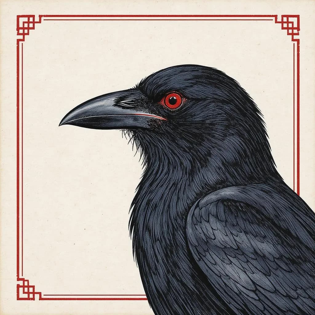 Scholarly Margin style - detailed illustration of a raven with bold lines and striking red accents against a textured background.