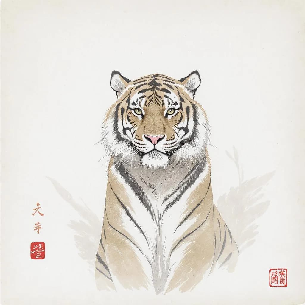 Scholarly Margin style - elegant ink wash rendering of a tiger, showcasing delicate lines and a soft color palette against a minimal background.