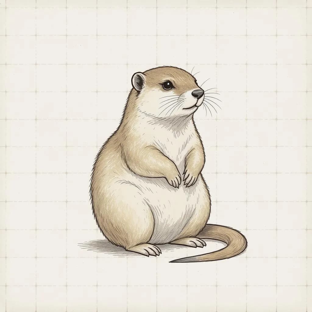 Scholarly Margin style - whimsical illustration of an otter with soft lines and a muted color palette on a grid background.