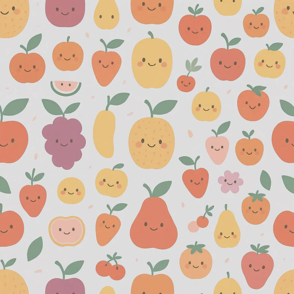Soft Retro Patternscape style - playful arrangement of cheerful fruits in soft pastel colors on a light background.
