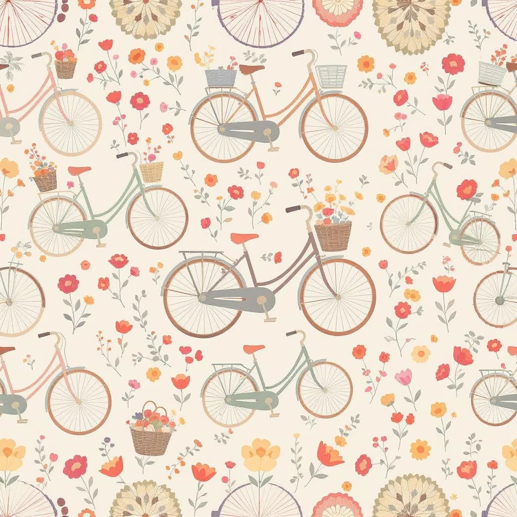 Soft Retro Patternscape style - whimsical floral pattern featuring vintage bicycles in soft pastel colors on a light background.