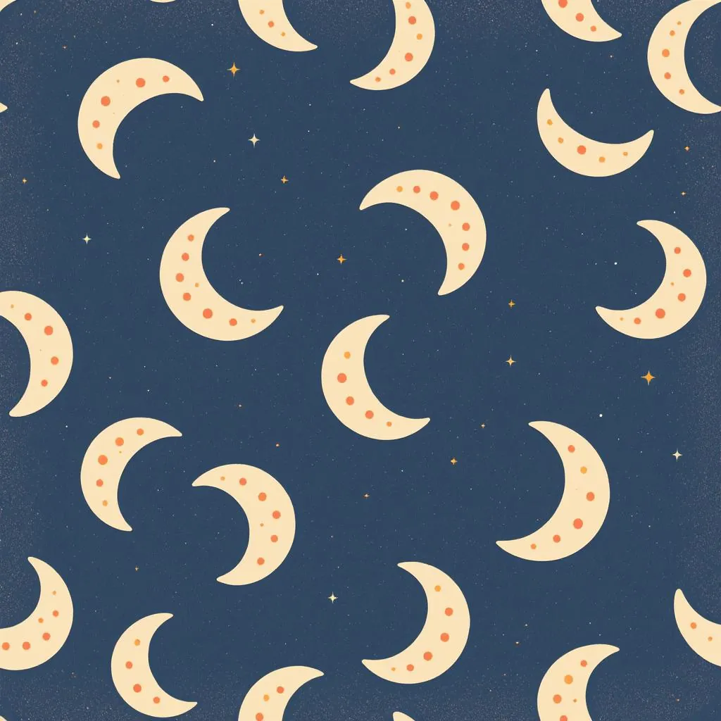 Soft Retro Patternscape style - whimsical design of crescent moons and stars on a deep blue background, evoking a dreamy atmosphere.