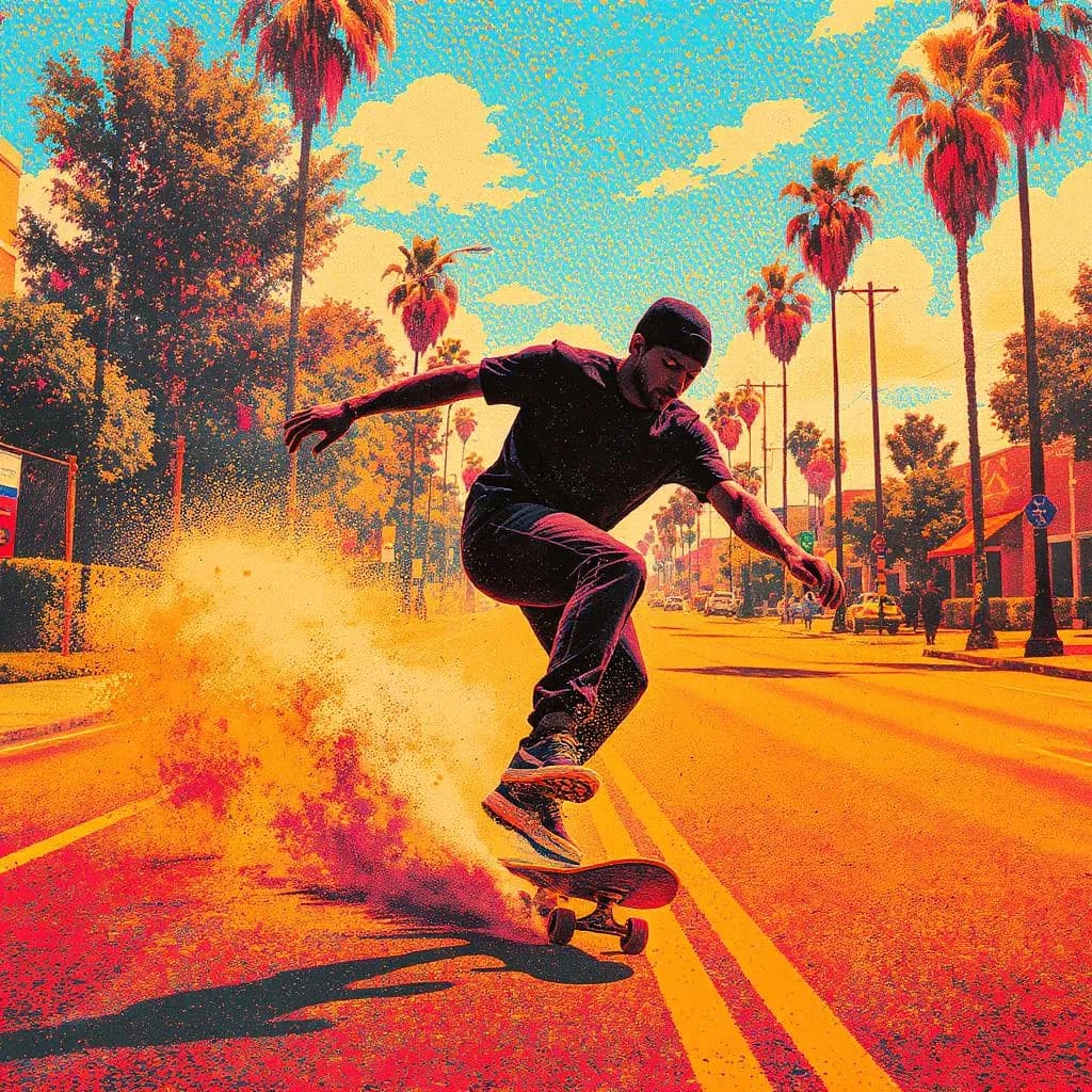 Vibrant Grainscape style - dynamic skateboarding scene with bold colors, high contrast, and a lively, sun-soaked atmosphere.