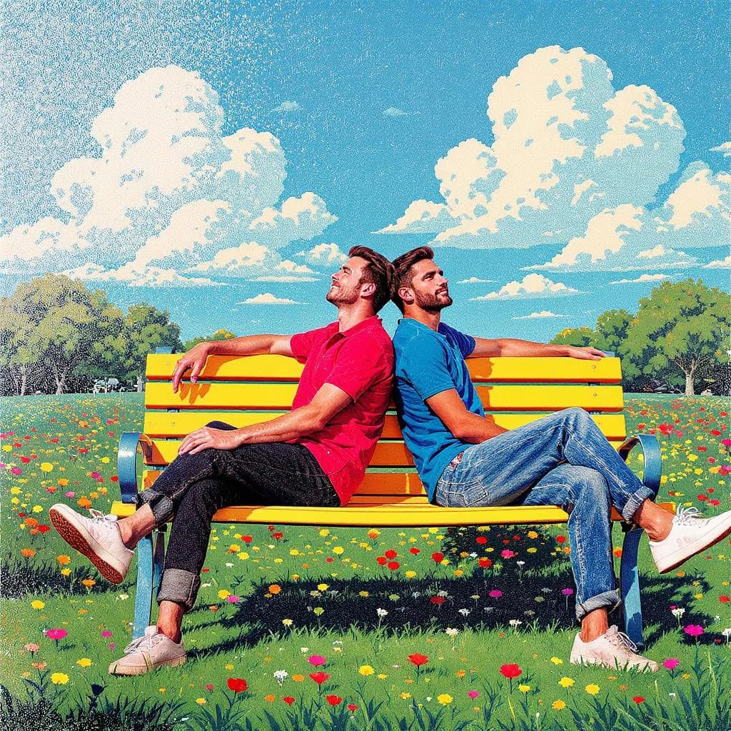 Vibrant Grainscape style - bright, playful scene of two men on a yellow bench amidst a colorful flower field and vivid sky.