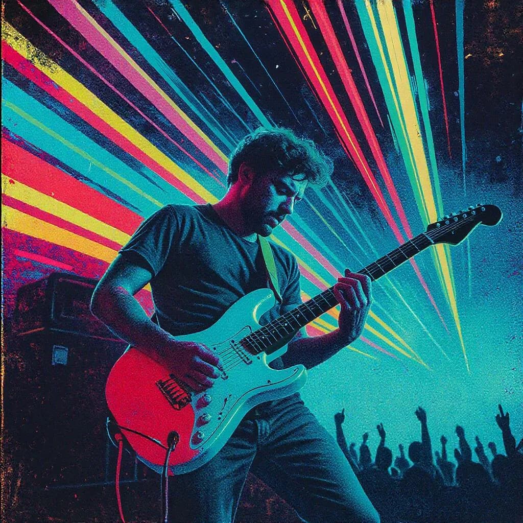 Vibrant Grainscape style - dynamic concert scene with bold neon rays and a vivid color palette, capturing energetic performance.