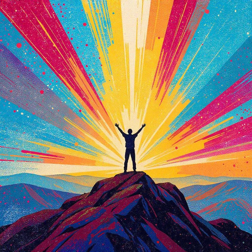 Vibrant Grainscape style - bold colors and dynamic rays radiate from a silhouetted figure atop a mountain, conveying triumph.